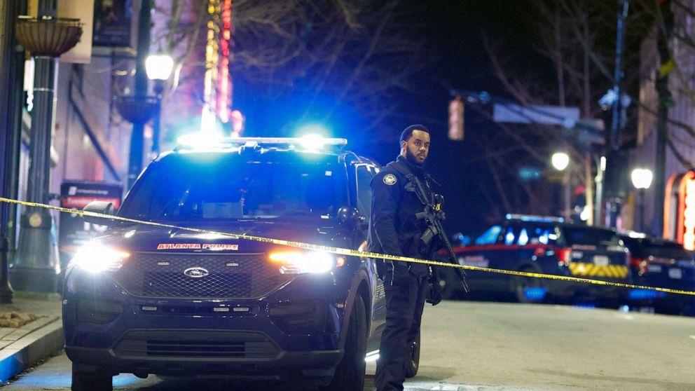 PHOTO: Police block downtown streets following a protest, Saturday, Jan. 21, 2023, in Atlanta, in the wake of the death of an environmental activist killed after authorities said the 26-year-old shot a state trooper.