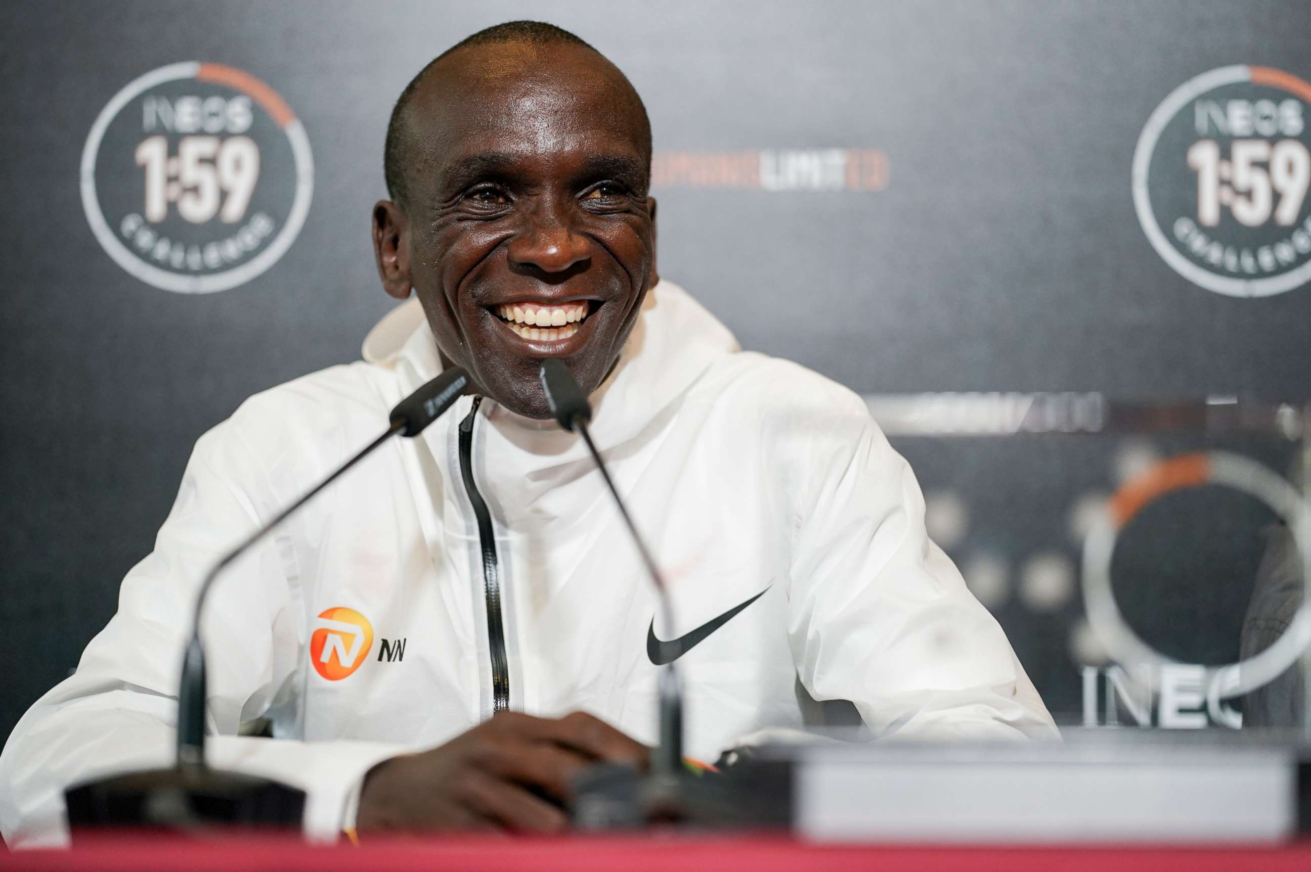 PHOTO: Eliud Kipchoge smiles as he talks to the media in a press conference after breaking the historic two hour barrier for a marathon in Vienna, Saturday, Oct. 12, 2019. 