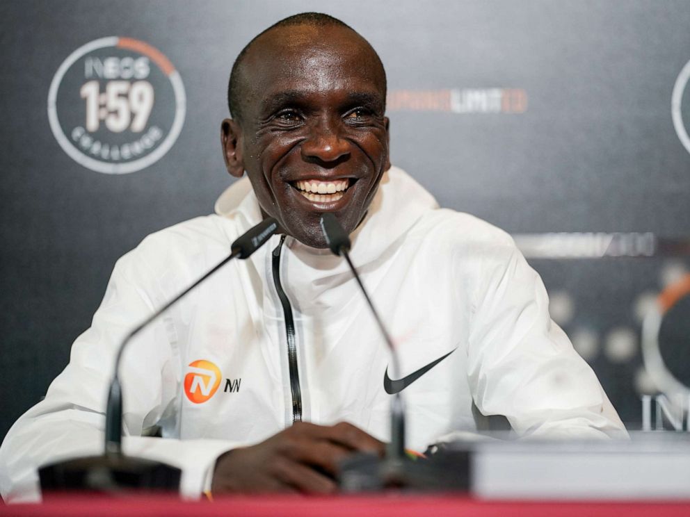 PHOTO: Eliud Kipchoge smiles as he talks to the media in a press conference after breaking the historic two hour barrier for a marathon in Vienna, Saturday, Oct. 12, 2019.