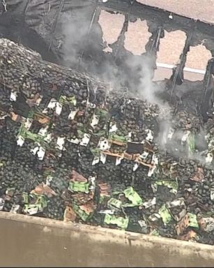 Firefighters were seen hosing down the truck filled with crates of avocados.