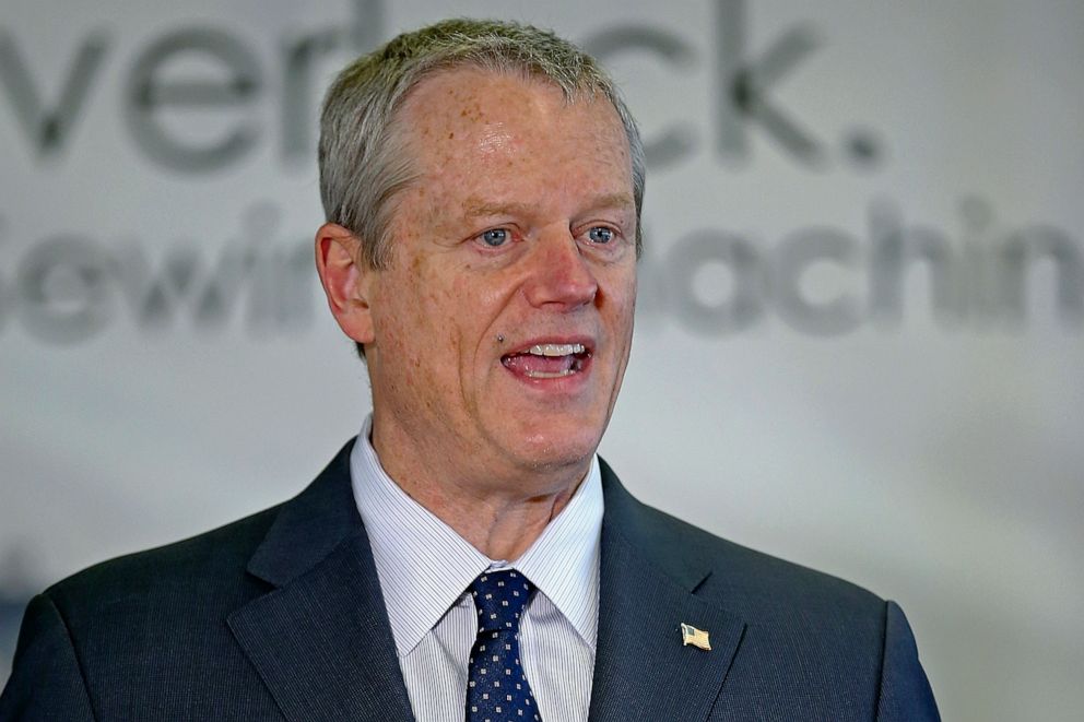 PHOTO: In this May 5, 2020, photo, Massachusetts Gov. Charlie Baker speaks during a news conference held after a tour of the Merrow Manufacturing plant during the coronavirus pandemic in Fall River, Mass.