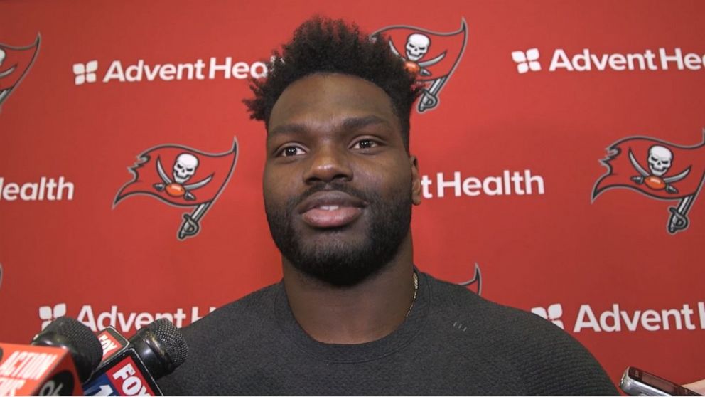 PHOTO: Tampa Bay Buccaneers outside linebacker Shaquil Barrett speaks to the media following the conclusion of the 2022-2023 season.