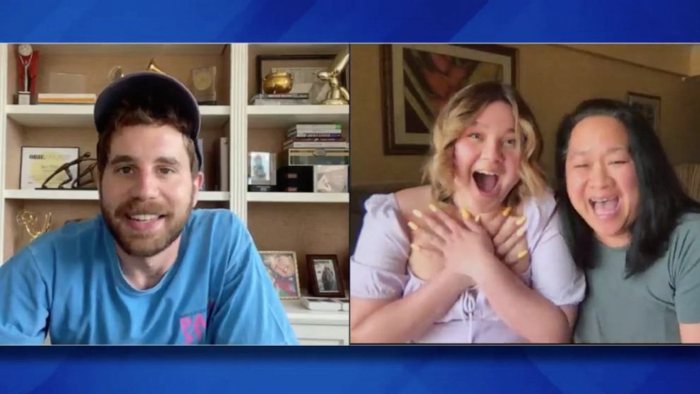 PHOTO: Ben Platt surprises brain cancer survivor Molly Oldham and her mother Bunny Oldham on "The View" Wednesday, May 26, 2021.