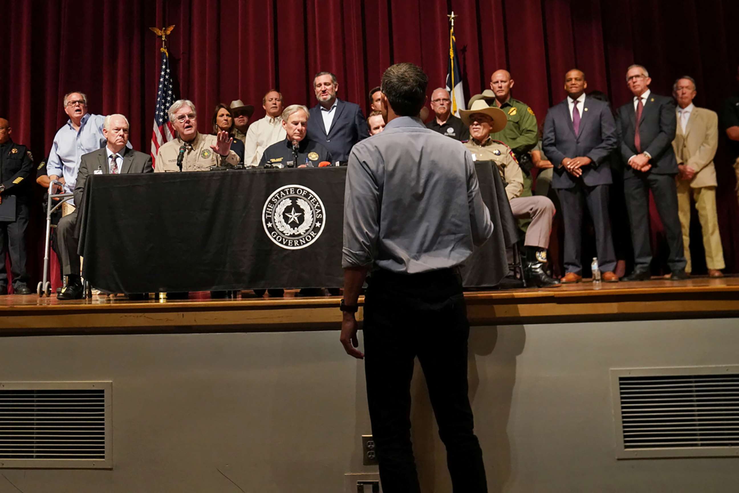 PHOTO: Texas Democratic gubernatorial candidate Beto O'Rourke disrupts a press conference held by Governor Greg Abbott the day after a gunman killed 19 children and two teachers at Robb Elementary school in Uvalde, Texas, May 25, 2022. 
