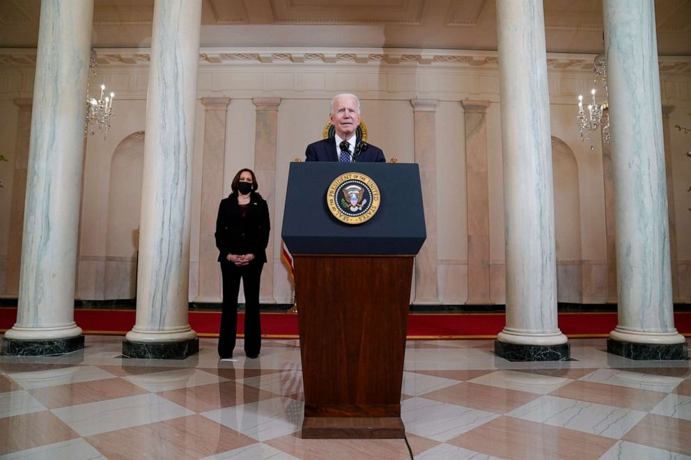 PHOTO: President Joe Biden, accompanied by Vice President Kamala Harris, speaks, April 20, 2021, at the White House, after former Minneapolis police Officer Derek Chauvin was convicted of murder and manslaughter in the death of George Floyd. 