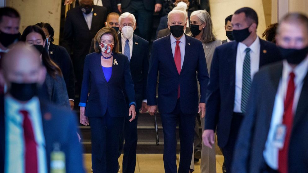 PHOTO: Speaker of the House Nancy Pelosi and President Joe Biden arrive to meet with House Democrats to rescue his social and economic agenda that has been threatened by the progressive wing of the party, at the Capitol, Oct. 1, 2021.