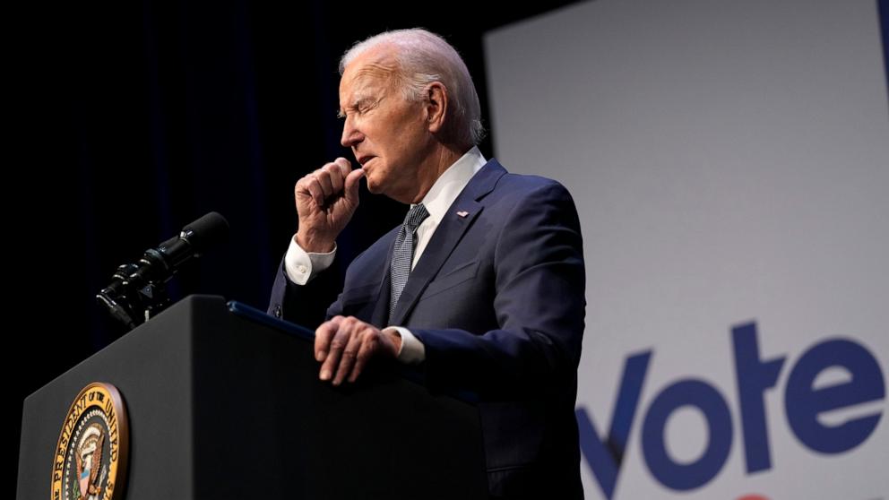 PHOTO: President Joe Biden coughs during an event with Rep. Steven Horsford in Las Vegas, July 16, 2024. 