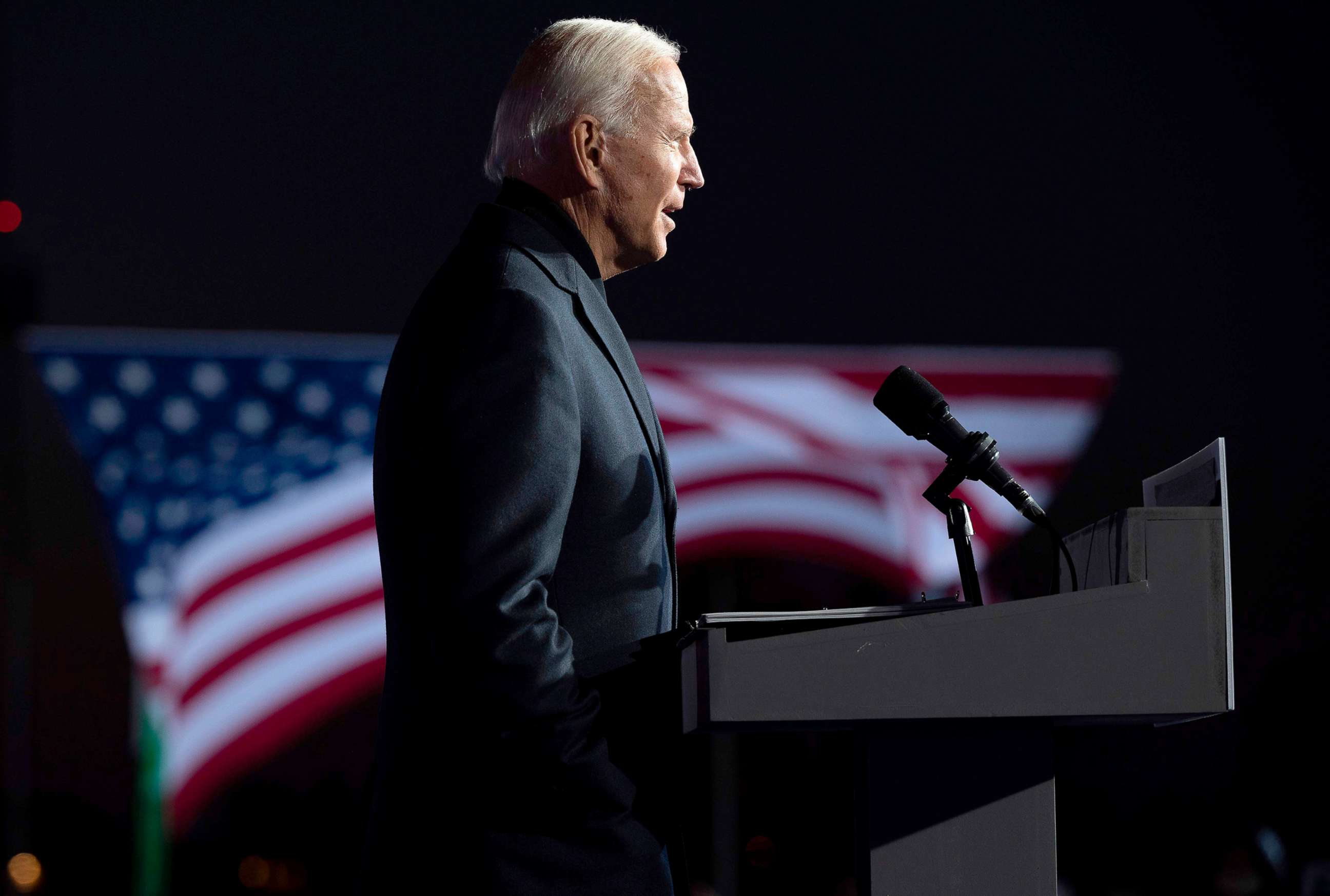 PHOTO: Democratic Presidential candidate and former Vice President Joe Biden speaks during a mobilization event at Belle Isle Casino in Detroit, Michigan, Oct. 31, 2020.