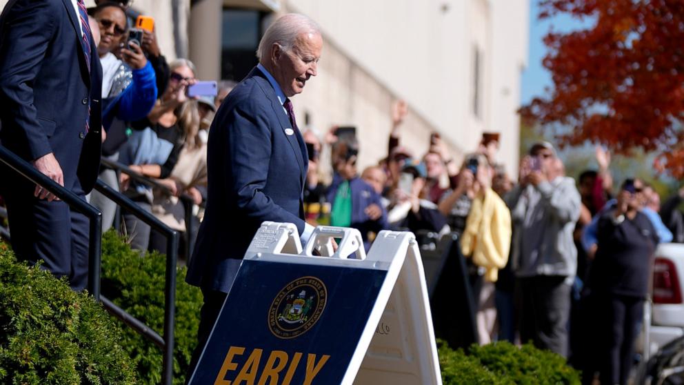 PHOTO: President Joe Biden departs a polling station after casting his early voting ballot for the 2024 general elections on Oct. 28, 2024, in New Castle, Delaware.