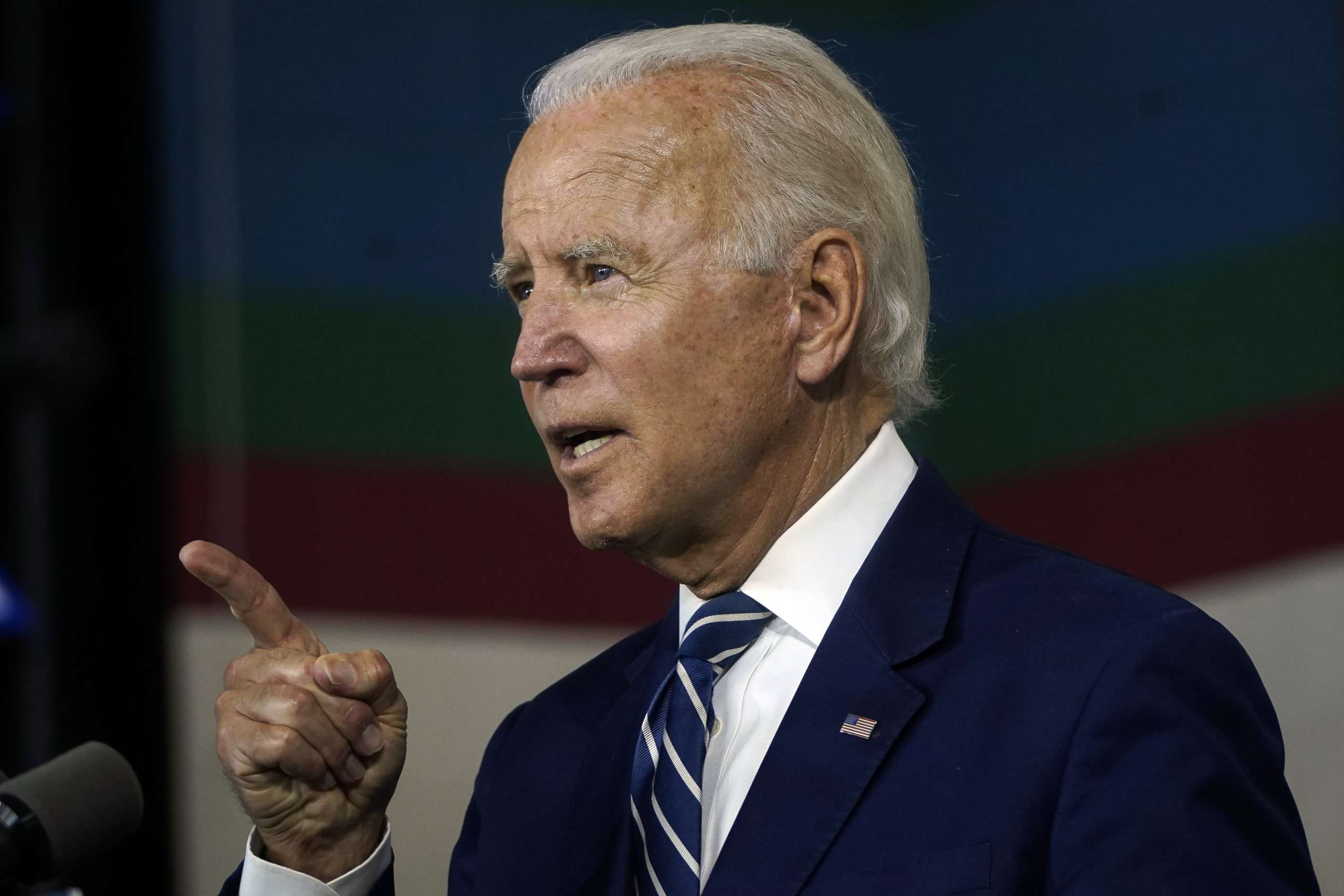 PHOTO: NEW CASTLE, DE - JULY 21: Democratic presidential candidate former Vice President Joe Biden speaks about economic recovery during a campaign event at Colonial Early Education Program at the Colwyck Center on July 21, 2020 in New Castle, Delaware. 
