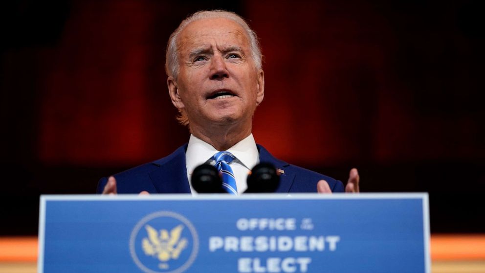 PHOTO: President-elect Joe Biden speaks at The Queen theater, Wednesday, Nov. 25, 2020, in Wilmington, Del.  