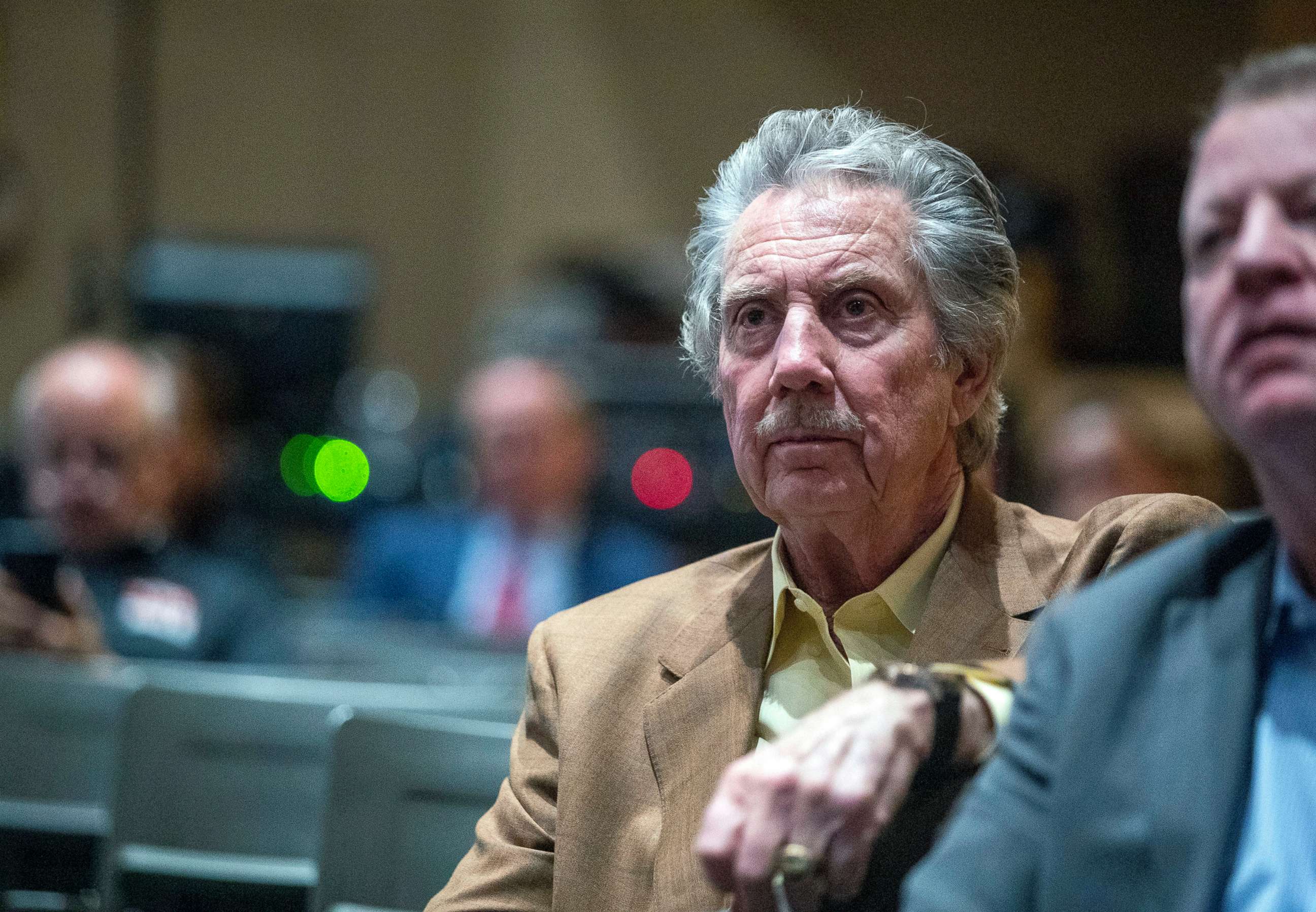 PHOTO: Robert Bigelow, owner of Budget Suites of America and Bigelow Aerospace, listens to Nevada Gov.-elect Joe Lombardo during an event with supporters at Rancho High School in Las Vegas, Nov. 14, 2022. 