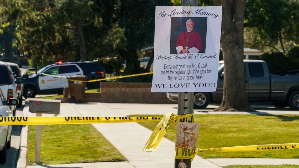 PHOTO: An image of Bishop David O'Connell is posted on the post of a street sign near his home, Feb. 19, 2023, in Hacienda Heights, Calif.