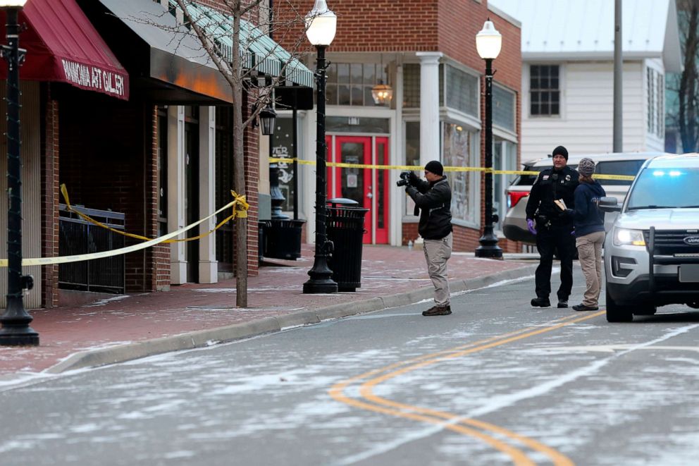 PHOTO: Police investigate a the scene of a fatal shooting on Main Street in Blacksburg Va., Feb. 5 2022. 