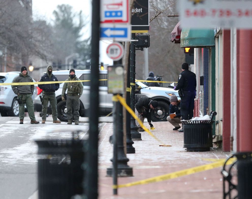 PHOTO: Police investigate a the scene of a fatal shooting on Main Street in Blacksburg Va., Feb. 5 2022. 