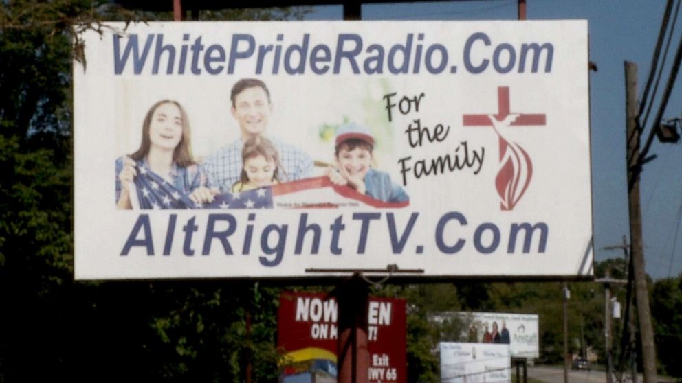 PHOTO: A white pride radio billboard just outside of Harrison, Arkansas, near where the Ku Klux Klan has its headquarters.