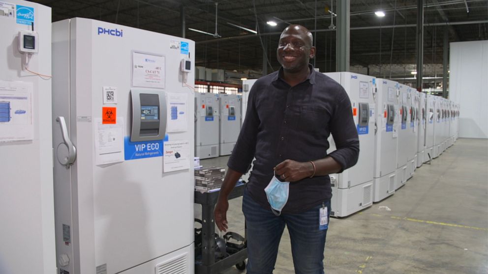 PHOTO: Brandon Williams and his team are part of the final steps of the manufacturing process, storing vaccines vials in what they've come to call a "freezer farm."