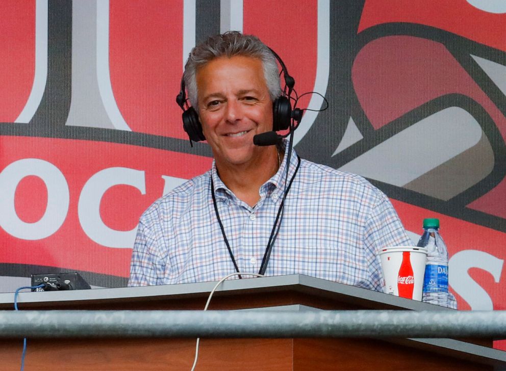 PHOTO: Cincinnati Reds broadcaster Thom Brennaman sits in a special outside booth before the Reds' baseball game against the Milwaukee Brewers in Cincinnati,Sept. 25, 2019.