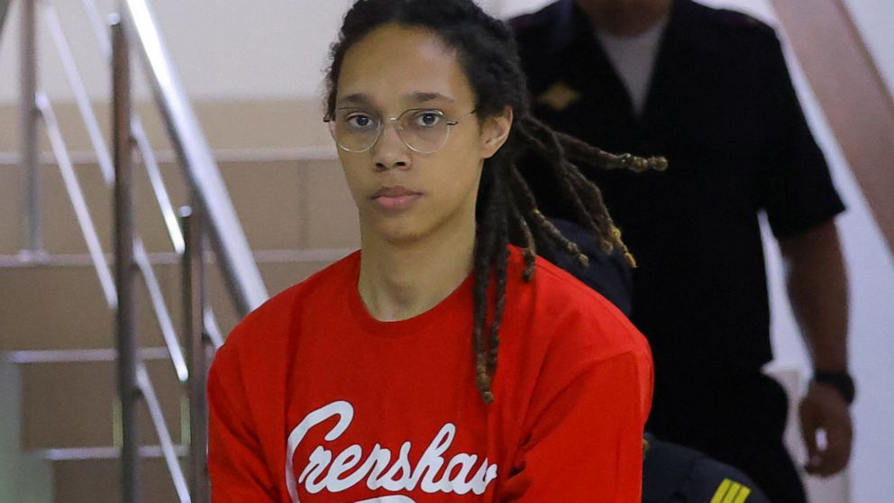 Photo Basel United basketball player Britney Greener, who was arrested in March at Moscow's Sheremetyevo Airport on charges of illegal cannabis, was arraigned in a Kimki court outside Moscow, Russia, on July 7, 2022.  