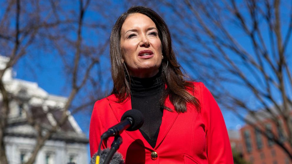 PHOTO: Secretary of Agriculture Brooke Rollins responds to questions from the news media outside the West Wing of the White House in Washington, Feb. 26, 2025.