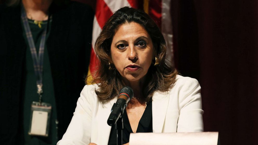 PHOTO: Christina Mitchell Busbee, 38th Judicial District Attorney, speaks during a press conference about the mass shooting at Uvalde High School, May 27, 2022, in Uvalde, Texas.