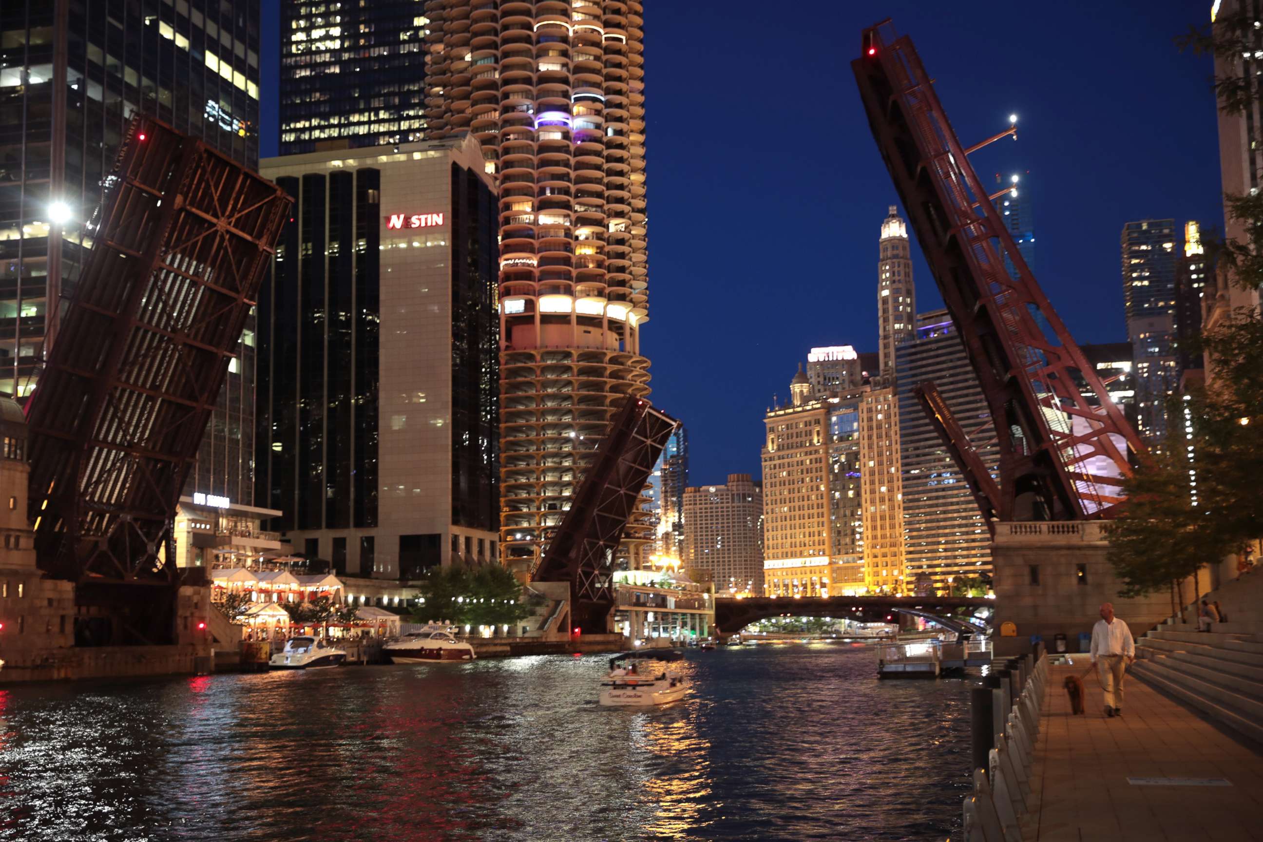 PHOTO: CHICAGO, ILLINOIS - AUGUST 12: Bridges across the Chicago river are raised to control access into downtown after widespread looting broke out early Monday in the city on August 12, 2020 in Chicago, Illinois. 