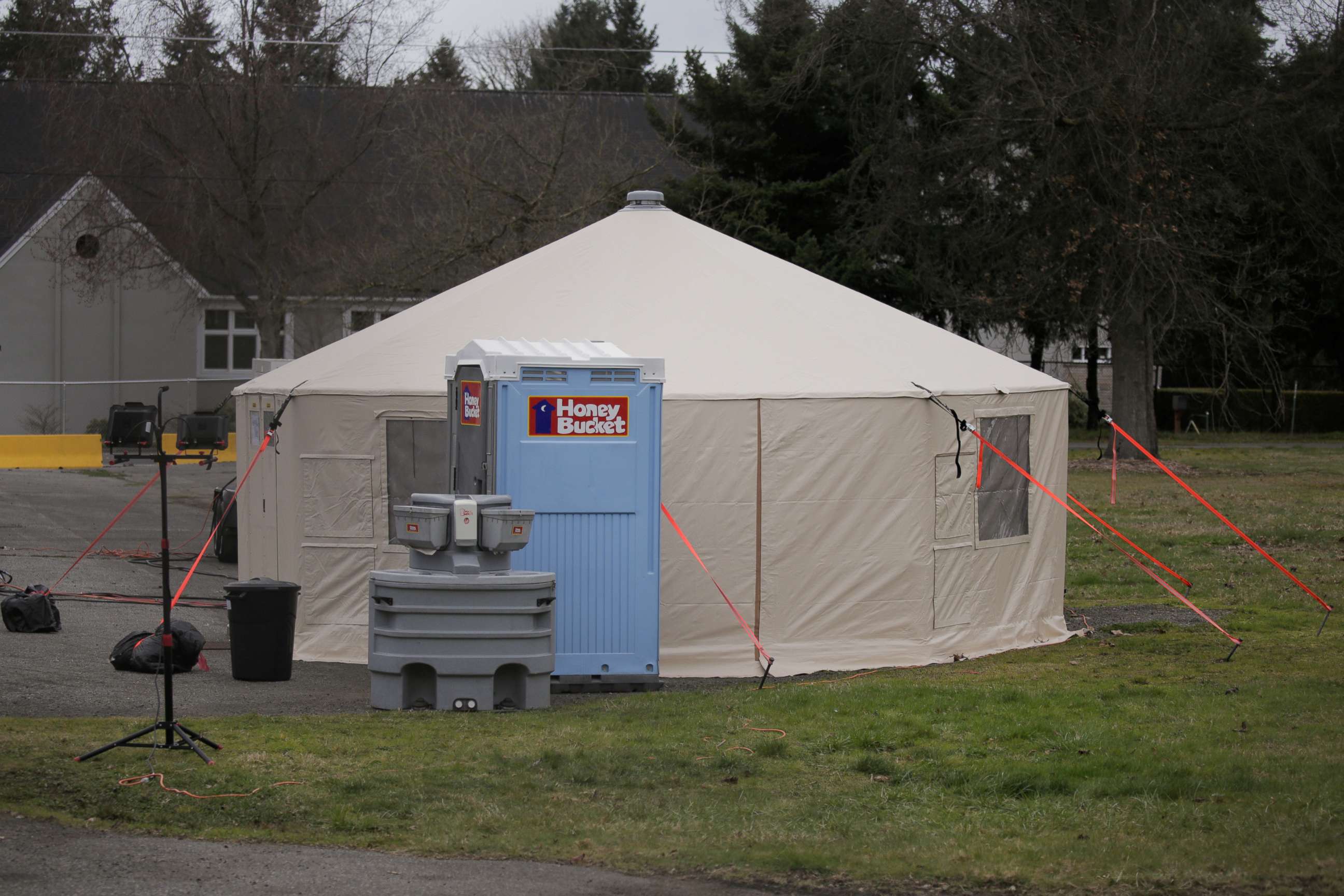 PHOTO: A support operations tent is seen at a earmarked quarantine site for healthy people potentially exposed to novel coronavirus, behind Washington State Public Health Laboratories in Shoreline, north of Seattle, Washington, U.S. February 28, 2020. 