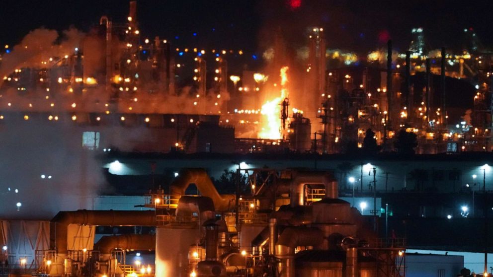 PHOTO: A fire burns after an explosion at the Marathon Refinery in Carson on Tuesday, Feb. 25, 2020. 