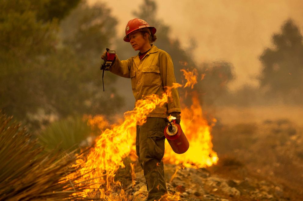 PHOTO: MONROVIA, CA - SEPTEMBER 10: Mormon Lake Hotshots firefighter Sara Sweeney uses a drip torch to set a backfire to protect mountain communities from the Bobcat Fire in the Angeles National Forest on September 10, 2020 north of Monrovia, California. 