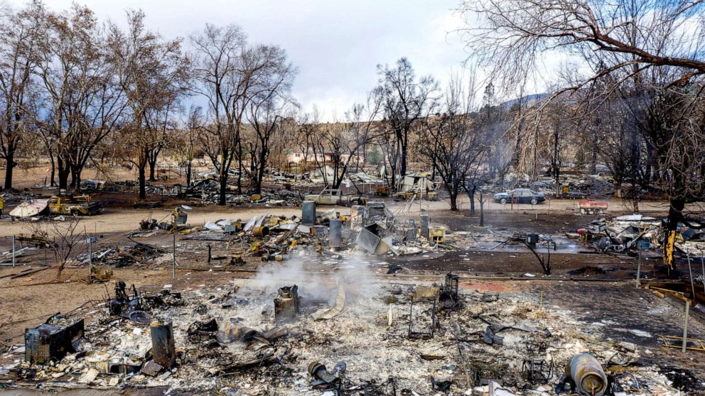 PHOTO: In this photo taken by a drone, residences leveled by the Mountain View Fire line a street in the Walker community in Mono County, Calif.,  Wednesday, Nov. 18, 2020. 