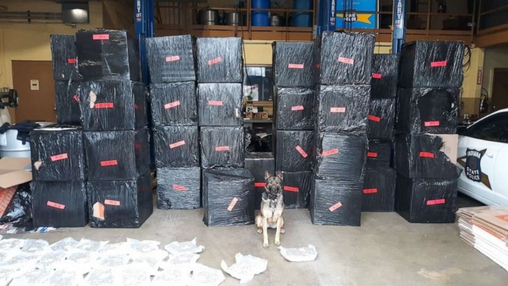 PHOTO: More than half a ton of marijuana with a street value upwards of $8 million was discovered by a sharp-nosed police dog during a routine traffic stop in northwest Indiana on Tuesday, March 16, 2021.