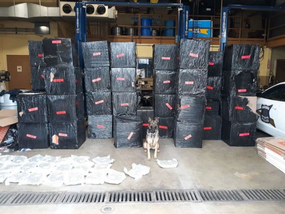 PHOTO: More than half a ton of marijuana with a street value upwards of $8 million was discovered by a sharp-nosed police dog during a routine traffic stop in northwest Indiana on Tuesday, March 16, 2021.