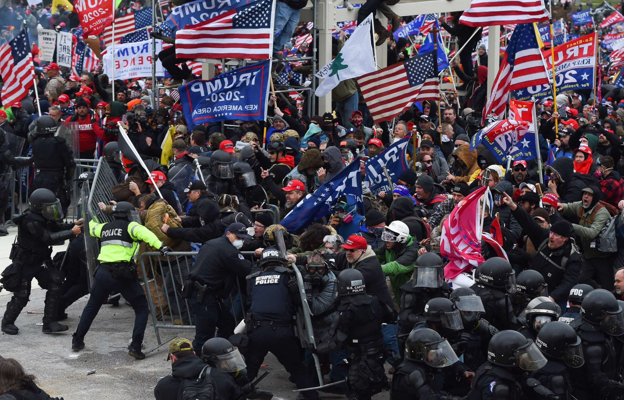 PHOTO: Supporters of President Donald Trump clash with police and security forces as they push barricades to storm the U.S. Capitol in Washington, D.C., on Jan. 6, 2021.