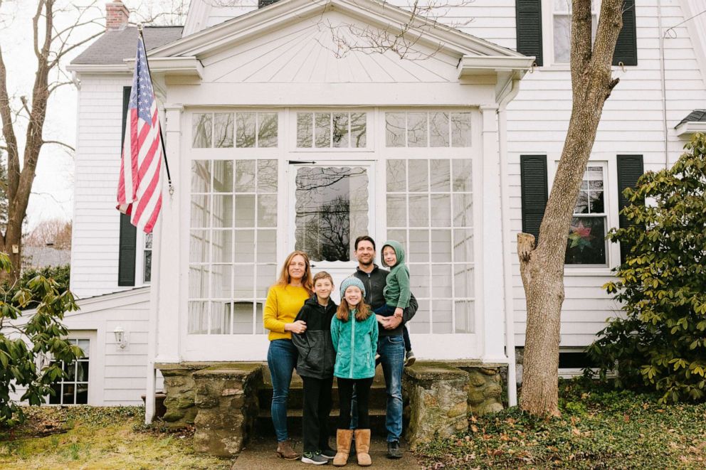 PHOTO: Cara Soulia's family poses at their home for #TheFrontStepsProject in Needham, MA.
