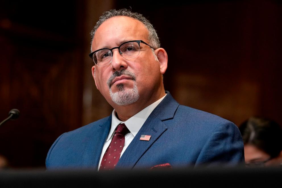 PHOTO: Education Secretary Miguel Cardona listens as he testifies during a Senate Appropriations Subcommittee on Labor, Health and Human Services, and Education, and Related Agencies hearing on Capitol Hill, April 30, 2024. 