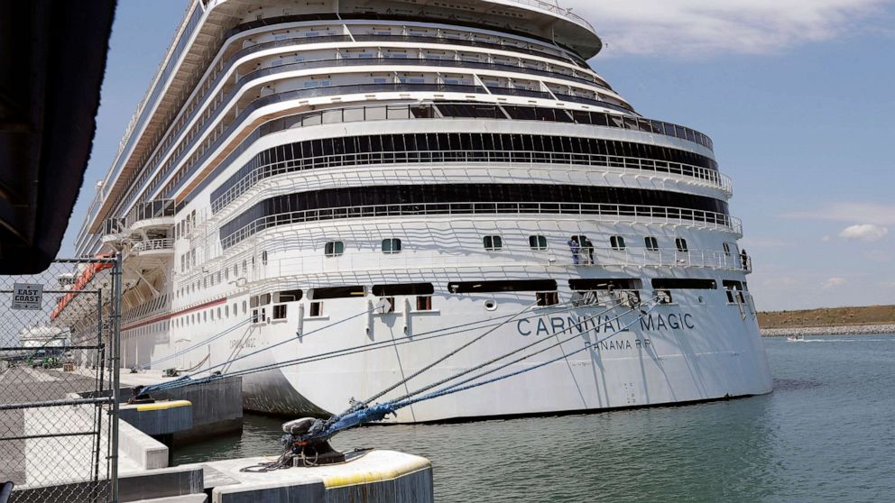 PHOTO: The Carnival cruise line ship Carnival Magic sits docked, April, 2020, in Cape Canaveral, Fla.