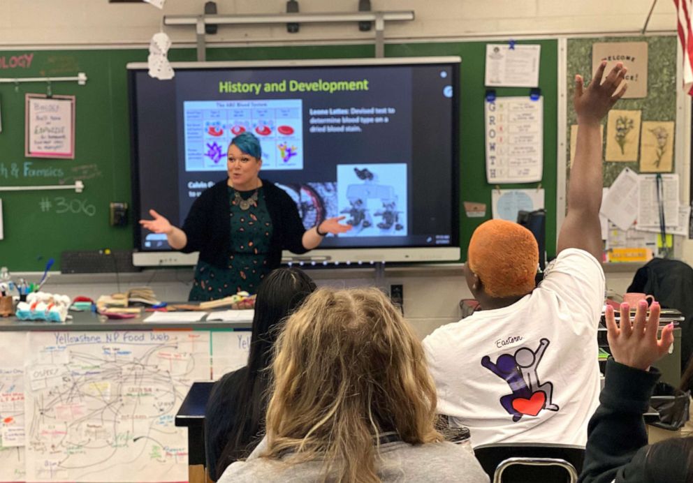 PHOTO: 2023 Connecticut Teacher of the Year, Carolyn Kielma, teaches an introduction to forensics in her Biotechnology & Forensics course for upperclassmen at Bristol Eastern High School.