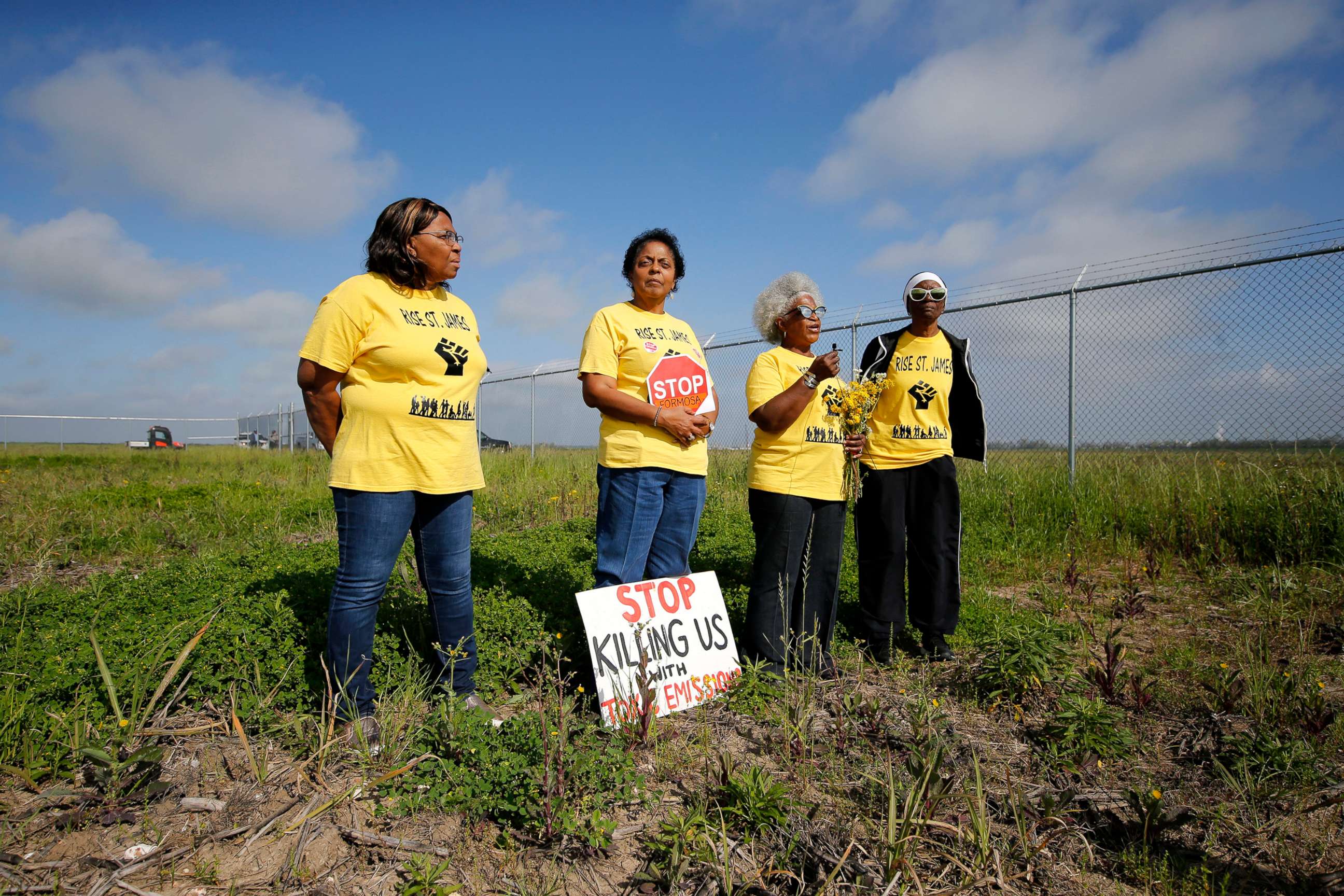 PHOTO:From left, Myrtle Felton, Sharon Lavigne, Gail LeBoeuf and Rita Cooper, members of RISE St. James, conduct a live stream video on property owned by Formosa in St. James Parish, La., March 11, 2020. 