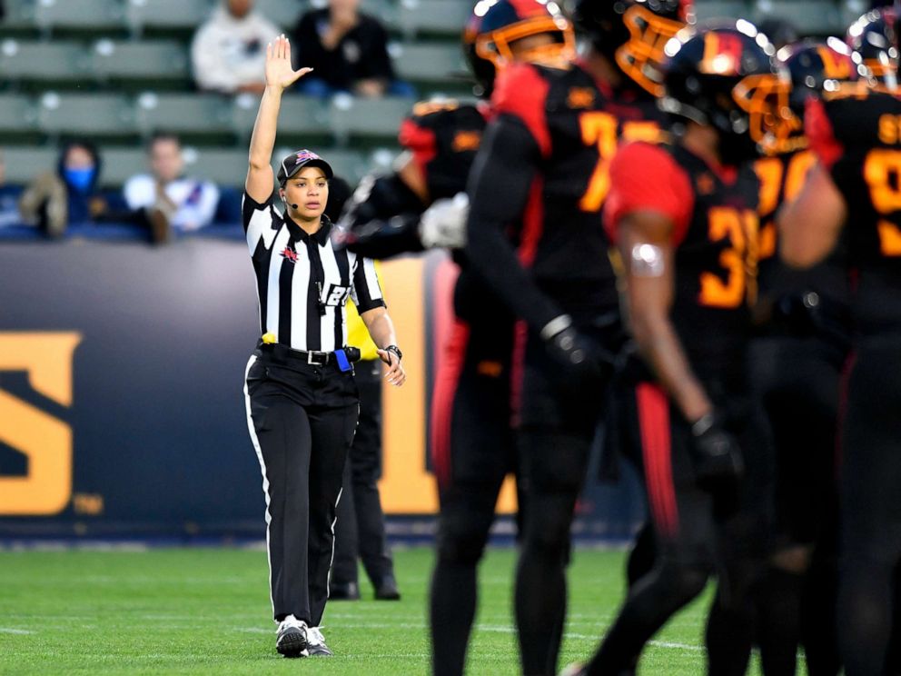 PHOTO: Line Judge Maia Chaka during a game between LA Wildcats and Tampa Bay Vipers at Dignity Health Sports Park during an XFL game, March 8, 2020, in Carson, Calif. 