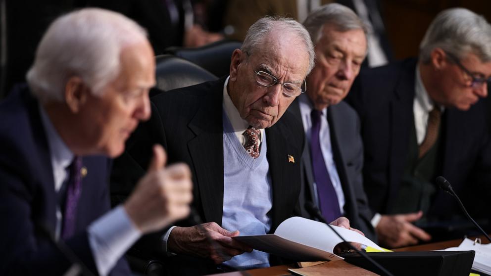 PHOTO: Senate Judiciary Committee member Sen. John Cornyn, Chairman Charles Grassley and ranking member Sen. Richard Durbin participate in Pam Bondi's confirmation hearing to be the next U.S. attorney general, Jan. 15, 2025, in Washington.