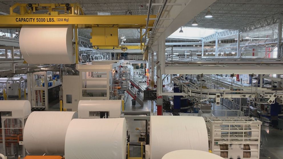 PHOTO: Giant "parent rolls" of paper are turned into paper towels and toilet paper at this Procter & Gamble plant in Box Elder, Utah. 