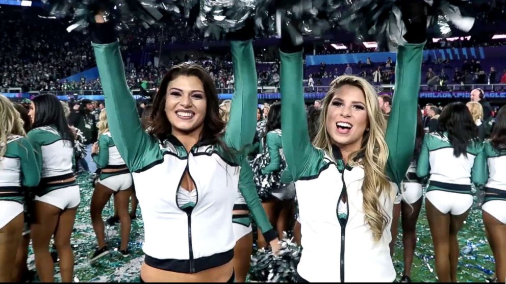 PHOTO: Philadelphia Eagles cheerleaders celebrate on the field after the conclusion of Super Bowl LII. 