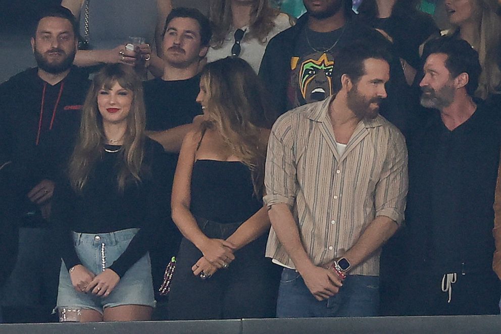 Taylor Swift, Blake Lively, Ryan Reynolds and Hugh Jackman attend the NFL football game between the New York Jets and the Kansas City Chiefs, Sunday, Oct. 1, 2023, in East Rutherford, N.J. (AP Photo/Adam Hunger)