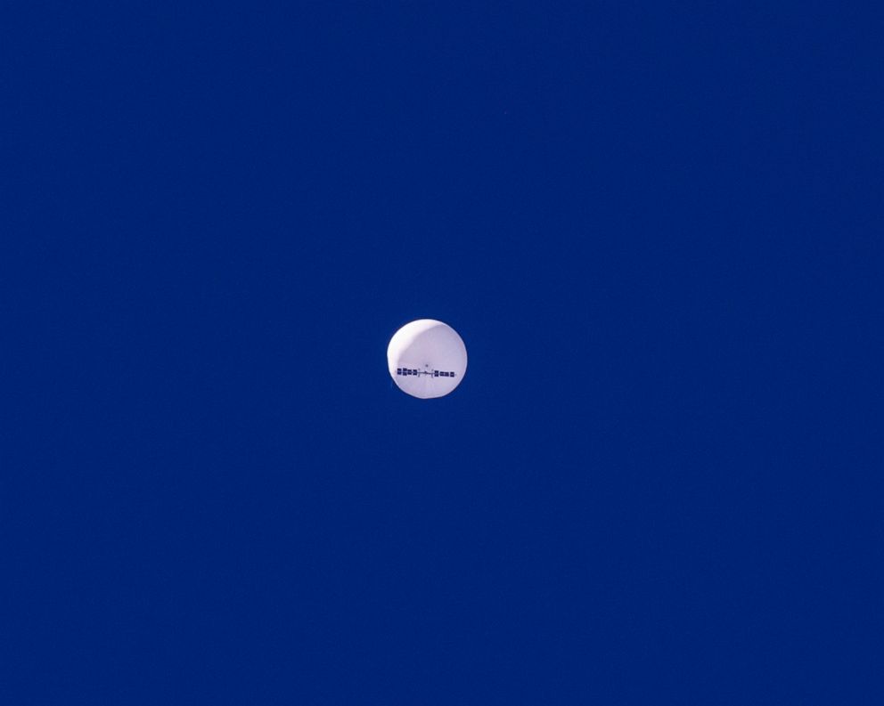 PHOTO: In this photo a large balloon drifts above the Atlantic Ocean, Feb. 4, 2023, just off the coast of South Carolina.