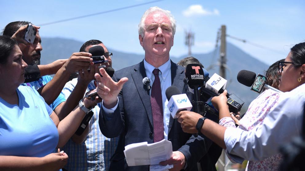 PHOTO: Sen. Chris Van Hollen speaks during a press conference in Antiguo Cuscatlan, El Salvador, April 16, 2025.