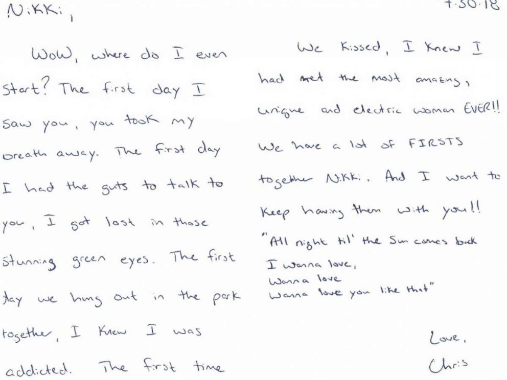 PHOTO: In a letter dated July 30 to his mistress Nichol Kessinger, Chris Watts described her as "the most amazing, unique and electric woman EVER" only weeks before he murdered his wife and children.