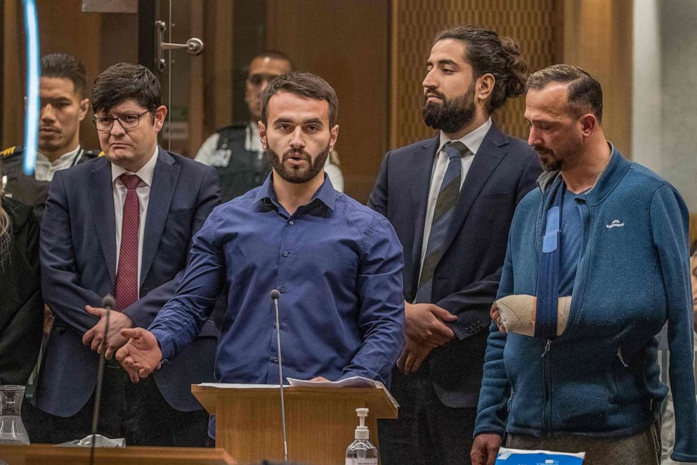 PHOTO: Mustafa Boztas who was shot in the leg by Brenton Tarrant, gives his victim impact statement on Tarrant's third day in court for a sentence hearing in Christchurch, New Zealand, on Aug. 26, 2020.