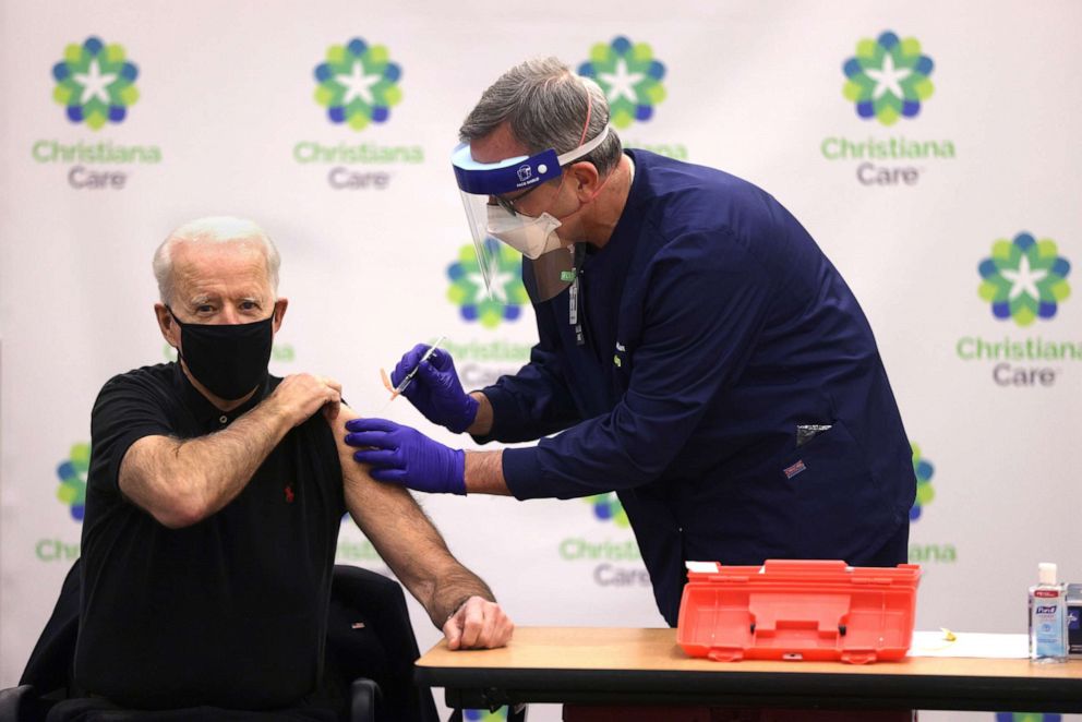 PHOTO: President-elect Joe Biden receives the second dose of a COVID-19 vaccine from Chief Nurse Executive Ric Cuming at ChristianaCare Christiana Hospital, Jan. 11, 2021, in Newark, Del.
