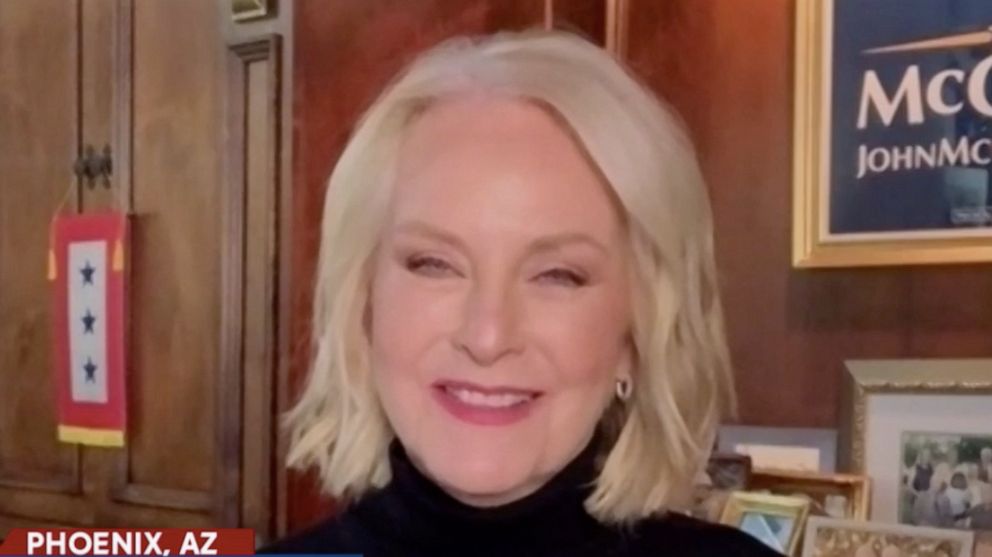PHOTO: Cindy McCain reacts to former Vice President Joe Biden's apparent win over President Donald Trump during her appearance on "The View" Monday, Nov. 9, 2020.