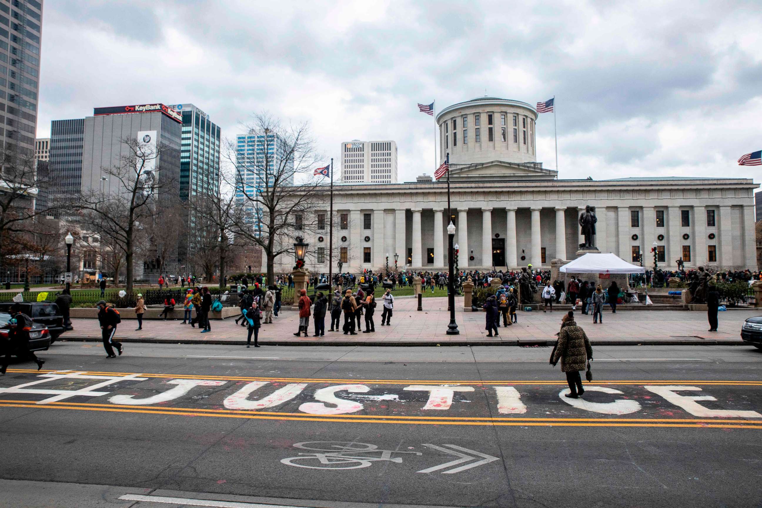 PHOTO: Protesters gather for a demonstration for Casey Goodson Jr. in front of the Ohio Statehouse in Columbus, Ohio on December 12, 2020. 